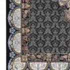 A close-up of a Qaleen Carpets rug with intricate patterns and a rich, dark background, showcasing the company's expertise
