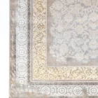 A close-up of a Qaleen Carpets rug with a floral pattern in a neutral color palette, featuring a central design and a border