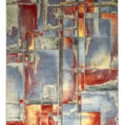 A vibrant, abstract rug with a mix of red, blue, and yellow hues, featuring a unique, intricate design, made by Qaleen