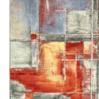 A vibrant, abstract rug with a mix of red, blue, and yellow hues, featuring a unique blend of patterns and textures, made by