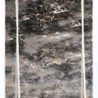 A stunning Qaleen Carpets rug with a dark, marbled design featuring gold and white veins on a black background, surrounded