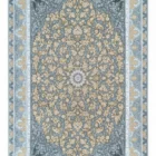 Carpets A rug with a blue and gold floral pattern, featuring a central flower design and a border of flowers and leaves
