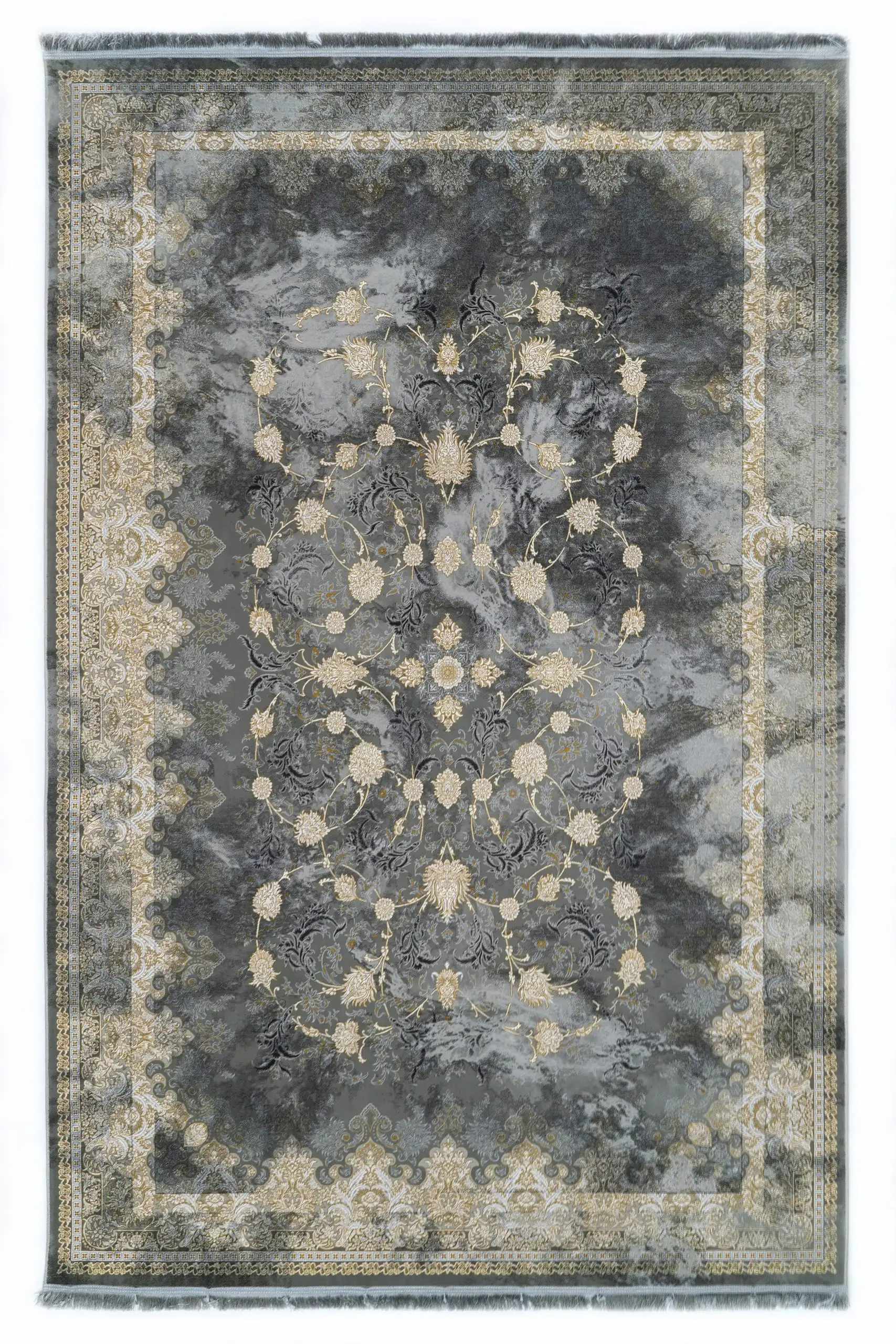 Carpets Elegant Gold-Florally Patterned Rug Carpets A rug with a dark grey background and a gold floral pattern, with a gold border around the edges