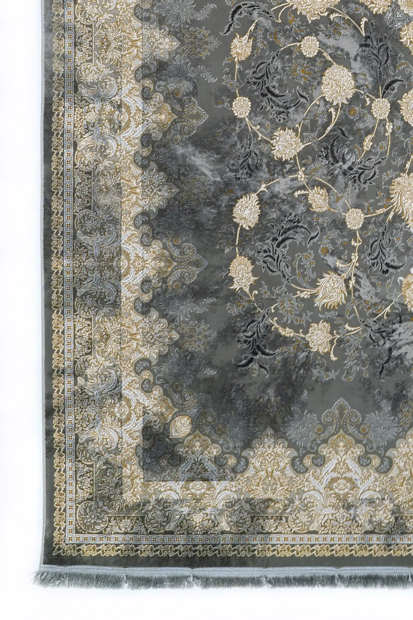 Carpets A beautiful, intricately designed carpet with a rich, dark grey background and a stunning floral pattern, perfect