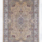 A Qaleen Carpets rug with a beige background and intricate patterns in various colors, including blue, red, and white, set