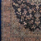 Carpets A beautiful, intricately designed carpet with a rich, dark blue background and intricate patterns of flowers and