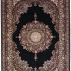 A stunning, intricately designed carpet with a dark background and intricate patterns, showcasing the beauty of carpets and