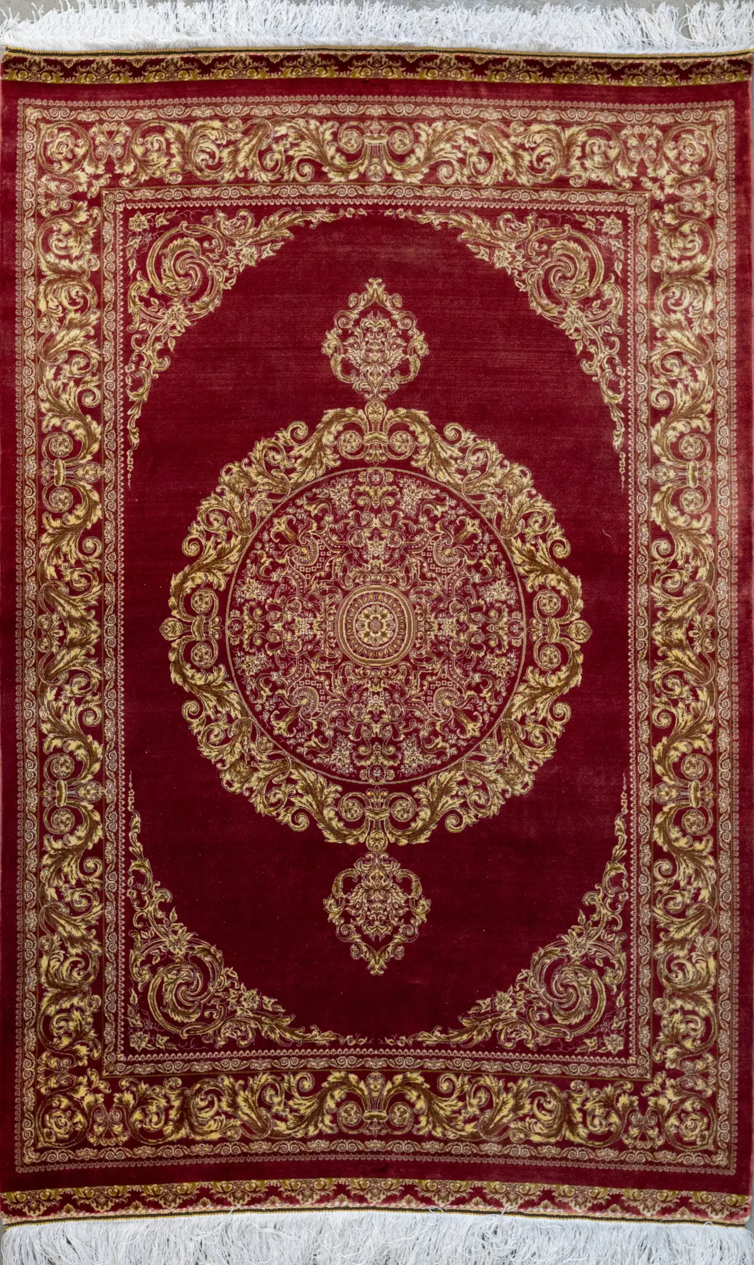 Carpets Elegant Red and Gold Carpet Carpets A beautiful, intricately designed carpet with a rich, red and gold color scheme, featuring a central medallion and
