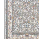 A Qaleen Carpets rug with a grey background and a floral pattern, featuring a mix of white, blue, red, and yellow flowers,