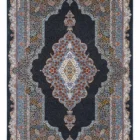 A Qaleen Carpets rug with a dark blue background and intricate patterns in various colors, including red, blue, and white,