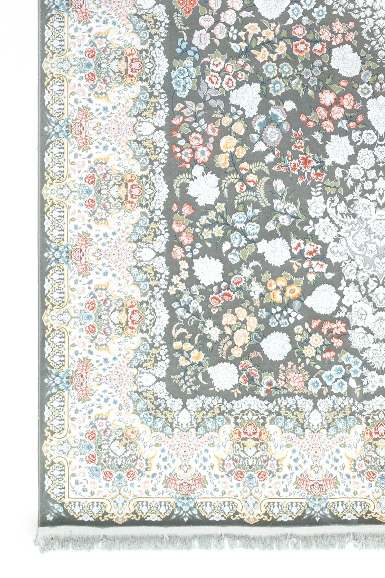 Carpets A beautiful, intricately designed carpet with a mix of flowers and foliage on a gray background