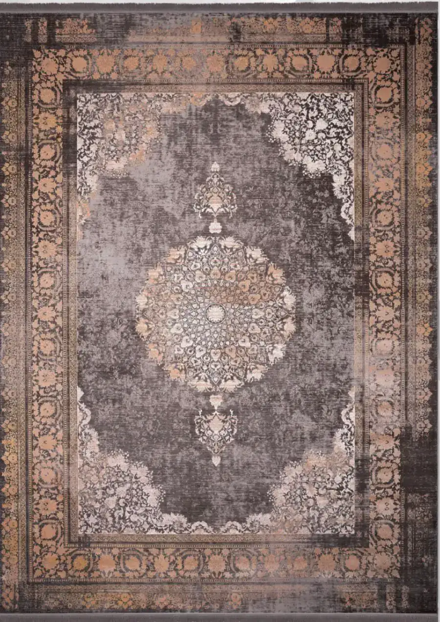 Carpets Elegance in Every Step: A Timeless Dark Grey Carpet Carpets A large, dark grey carpet with a central, intricate pattern and a border of similar design, made of a material that