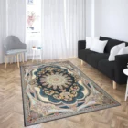 A beautiful, intricately designed carpet in a living room, adding a touch of elegance and sophistication to the space, with