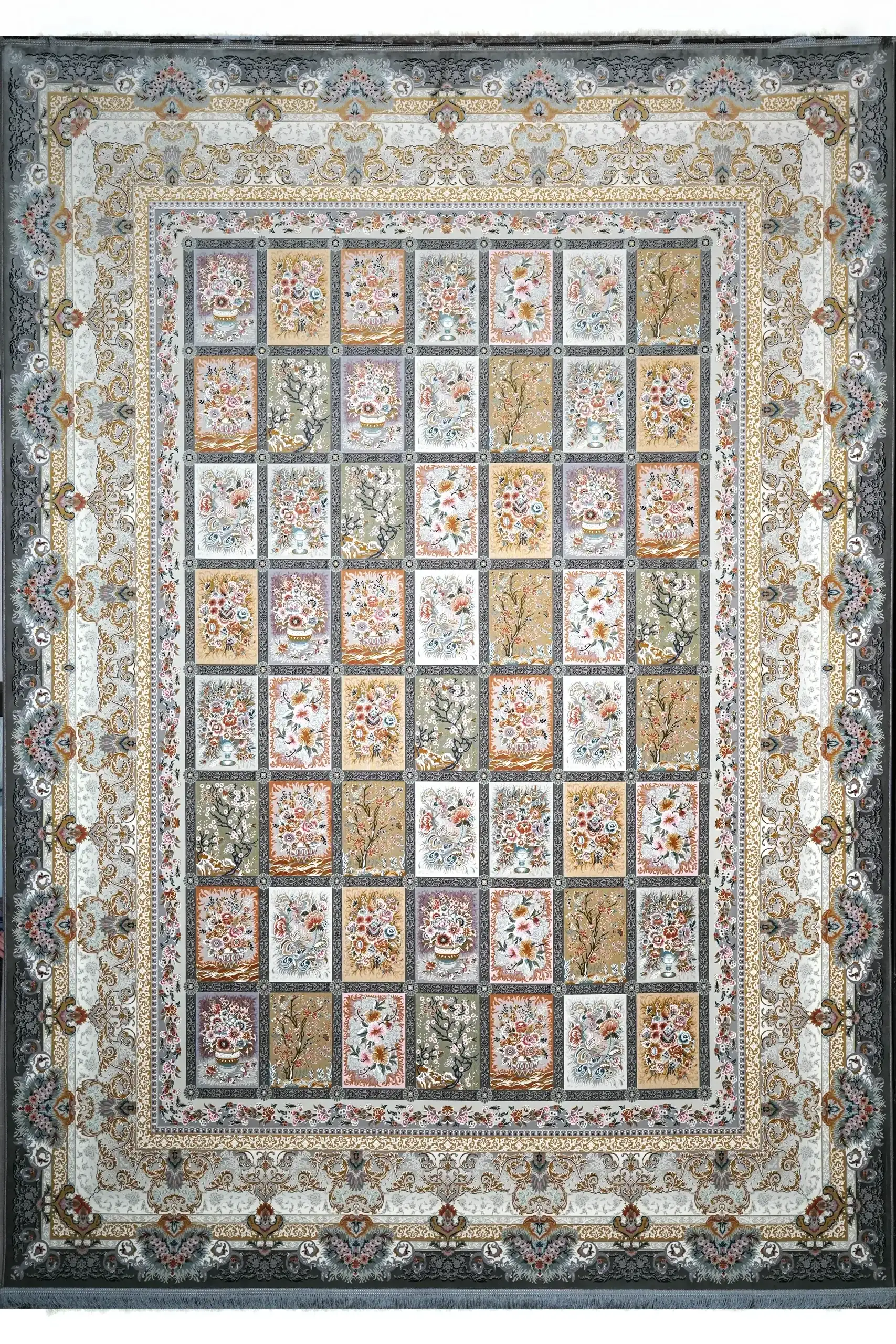 Carpets Elegant Rug Carpets A large, intricately patterned rug with a mix of gold, white, and gray colors