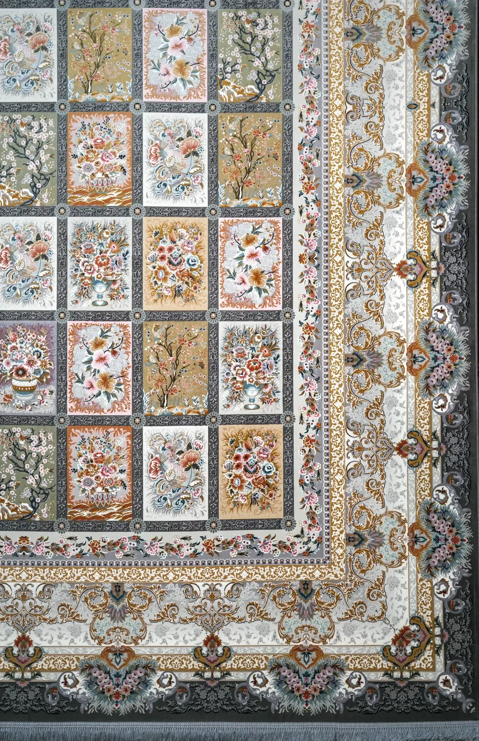 A beautiful, intricately designed carpet with a mix of flowers, trees, and other patterns, showcasing the art of carpets and