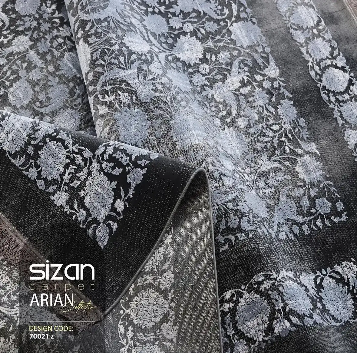 Carpets A close-up of a dark, patterned carpet with a floral design, with a rolled-up section in the foreground