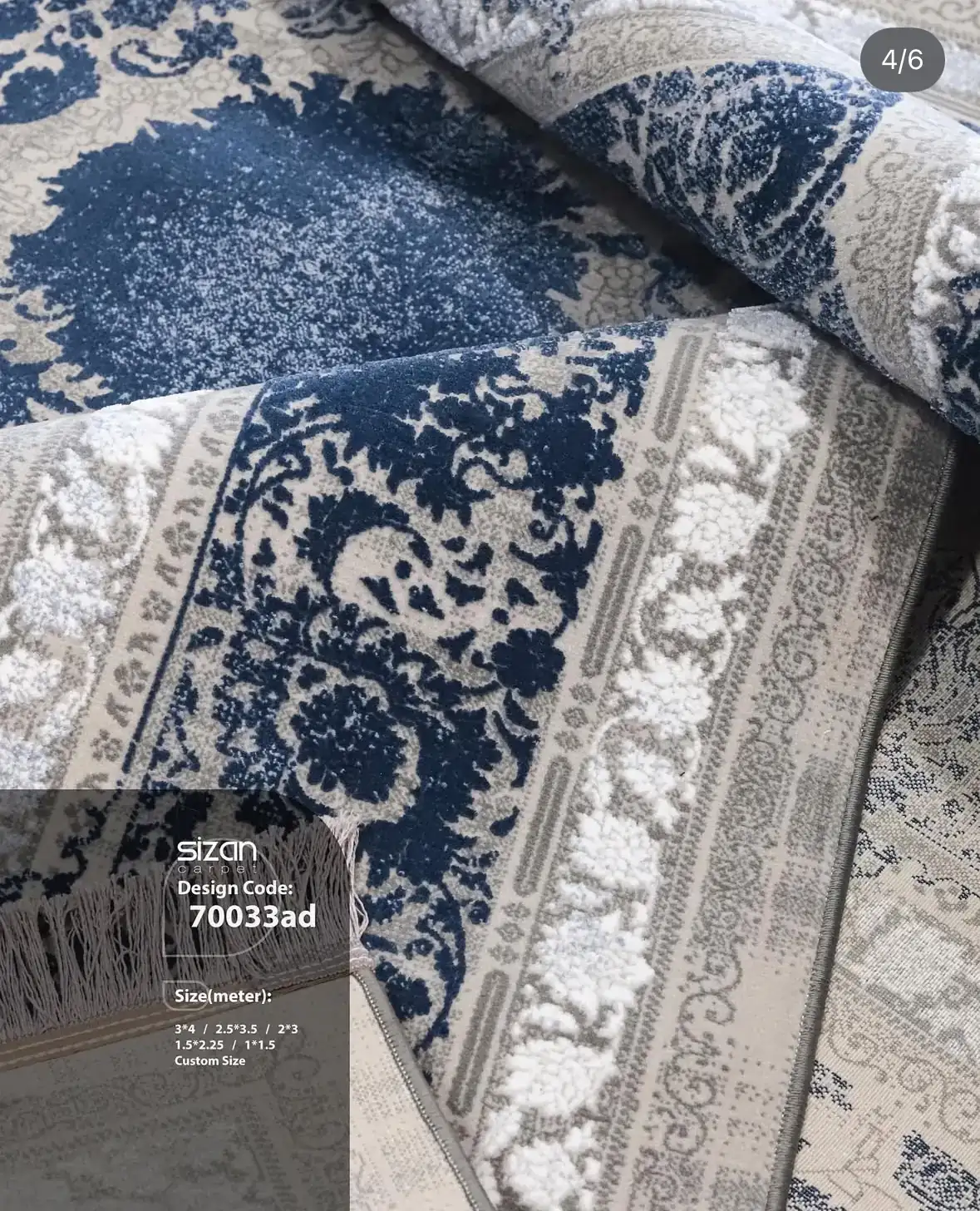 Carpets A close-up of a blue and white carpet with a floral pattern, with a focus on the intricate details of the design