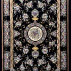 Carpets A stunning, intricately designed carpet with a dark background and a central floral pattern, surrounded by a border